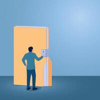 A man enters the password of a large folder lock, an illustration for data security, file protection, privacy. vector
