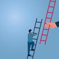 A man climbs a ladder and gets an additional ladder, an illustration of business support. vector