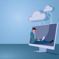 A man works in a computer connected to cloud storage, illustration for cloud computing. vector