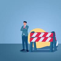 A man stands frustrated in front of a blockade of idea lights, an illustration of a fixed mindset. vector