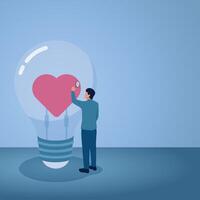 A man looks at a heart in a lamp glass through a magnifying glass, an illustration of looking for passion. vector