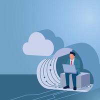 A man works with a laptop in cloud storage, illustration for cloud computing. vector