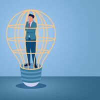 A man thinking inside an idea lamp prison, an illustration for a fixed mindset. vector