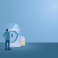 A man stands in front of a security shield of files coming out of a folder, an illustration for data security, file protection, privacy. vector