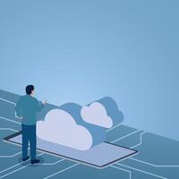 A man holding a mobile phone connected to cloud storage, illustration for cloud computing. vector