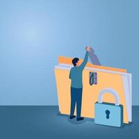 A man pulls a padlock from a document folder, an illustration for data security, file protection, privacy. vector