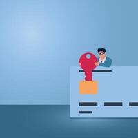 A man pulls a red key from a credit card, an illustration of credit card fraud. vector