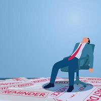 A man sits resignedly on a chair while the floor is scattered with piles of bills, an illustration of late bills, financial problems, budgeting failures, financial planning failures. vector