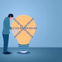 A man holds a padlock chaining an idea lamp, an illustration for a fixed mindset. vector