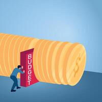 A man inserts a budget limiter into a row of coins, an illustration of budget cuts. vector