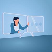A woman opens a chat bubble that is like a window, an illustration of open communication. vector