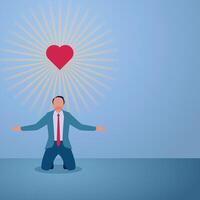 A man kneels and happily gets a heart on top of his head, an illustration of looking for passion. vector