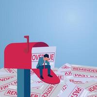 A man sits confused at a mailbox filled with piles of bills, illustrations of overdue bills, financial problems, budgeting failures, financial planning failures. vector