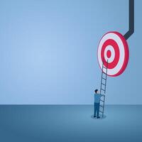A man holds a ladder to a large target above, an illustration of goal achievement. vector