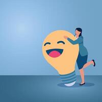 A woman hugging a smiling idea lamp, an illustration for positive thinking. vector