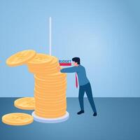 A man pushes coins from a stack to align with the budget line, an illustration of budget cuts. vector