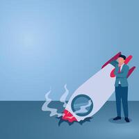 A man thinking next to a rocket that failed to fly, an illustration of learning from mistakes, self-development, error analysis, never giving up. vector