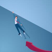 A man jumps from a graphic arrow towards a high wall to get over it, an illustration of passing an obstacle. vector