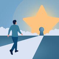 A man walks towards a big star with a keyhole in the middle, an illustration for dreaming big. vector