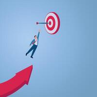 A man jumps from an arrow towards a target stuck with a dart, an illustration of achieving a goal. vector