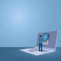 A man stands in front of a locked laptop, an illustration for data security, file protection, privacy. vector