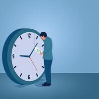 A man looks at a price tag on a large clock, an illustration of buying time. vector