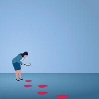 A woman using a magnifying glass sees a trace of a heart on the ground, an illustration of searching for passion. vector