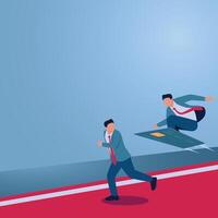 A man flies on a credit card while another runs, an illustration of competitive advantage. vector