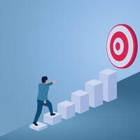 A man climbs a ladder of graphic blocks rising towards a large target, an illustration of goal achievement. vector