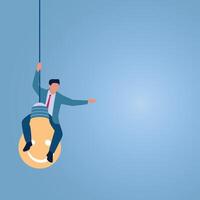 A man swinging on a smiling idea lamp, an illustration for positive thinking. vector