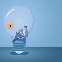 A man trapped inside a locked idea lamp, an illustration of a fixed mindset. vector