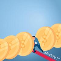 A man holds falling coins to keep them from going over the budget limit, an illustration of budget cuts. vector
