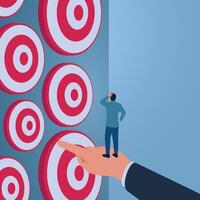 A confused man choosing a target assisted by a pointing hand, an illustration of business support. vector