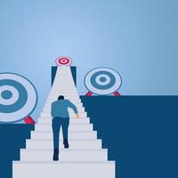 A man runs up the stairs towards a target above even though there are other targets on either side, an illustration of focus. vector