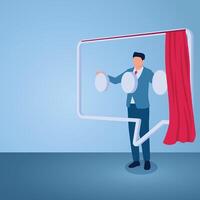 A man opens a curtain covering a large chat bubble in front of him, an illustration of open communication. vector