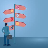 A man stands in front of a signboard to start a business, an illustration to explore business, market prediction, journey to success. vector