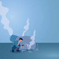 A man holding a magnifying glass looking at a burnt out idea lamp, an illustration of learning from mistakes, self-development, error analysis, never giving up. vector