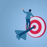 A man walks on a dart that sticks into a target, an illustration of focus. vector