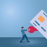 A man pulls a red key from a credit card, an illustration of credit card fraud. vector