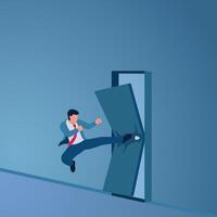 A man kicks a door hard until it breaks in two, an illustration of overcoming obstacles. vector