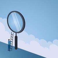 A man leaning a ladder against a large magnify looks at the sky, an illustration for a vision. vector