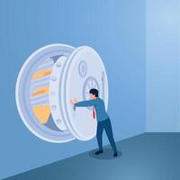 A man closes a safe containing folders, an illustration for data security, file protection, privacy. vector