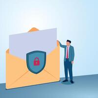 A man looks at an email envelope with a padlock and a shield in front of him. Illustration for email security, digital protection, privacy and confidentiality. vector