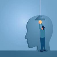A man installs an idea light into a big head, an illustration of building a mindset. vector