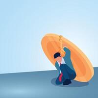A squatting man with his hands cuffed with large gold coins tries to restrain him. Illustration for gold handcuffs, exclusive contract, binding workers. vector