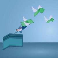 A man holds a wallet while money flies. Illustration of overspending, big spending, excessive shopping. vector