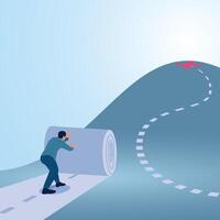 A man pushes a road roller to the top of success. Illustration for making your own business path, career planning, skill development, professional way. vector