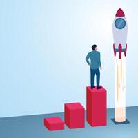 A man looks at a rocket launching at the end of a graph. An illustration of exponential growth, rapid growth and drastic development. vector