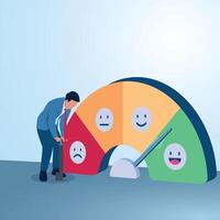 A man pumps the satisfaction meter to get good feedback. Illustration for feedback, customer reviews, client satisfaction. vector