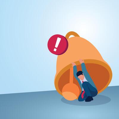 A man holding up a big bell with a red notification on it. Illustration for warning, caution and alert.